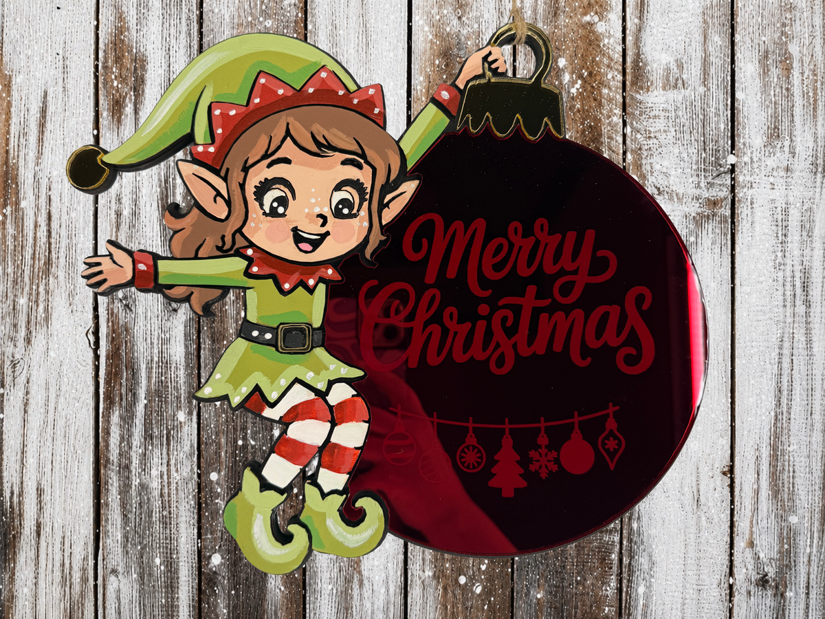 Large Hanging Christmas Decoration elf girl large red mirror bauble