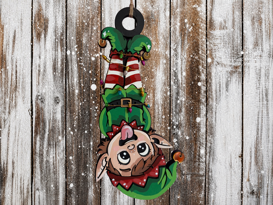 Large Hanging Christmas Decoration elf boy upside down in Christmas lights
