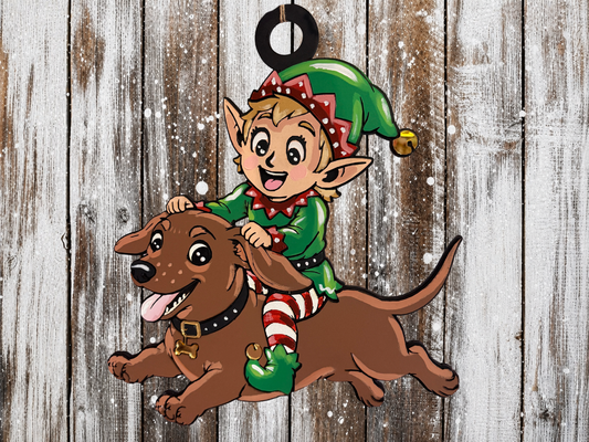 Large Hanging Christmas Decoration elf riding dog