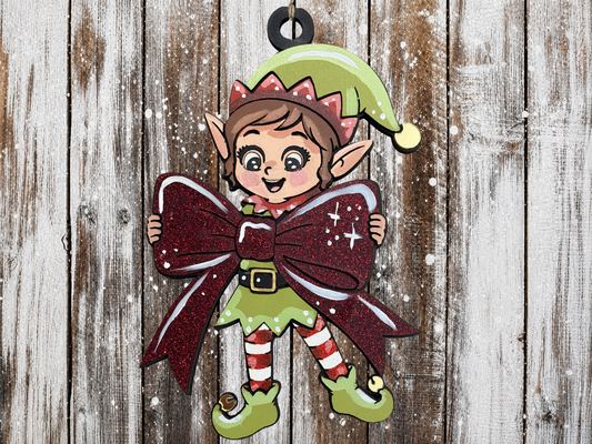 Large Hanging Christmas Decoration elf girl holding bow